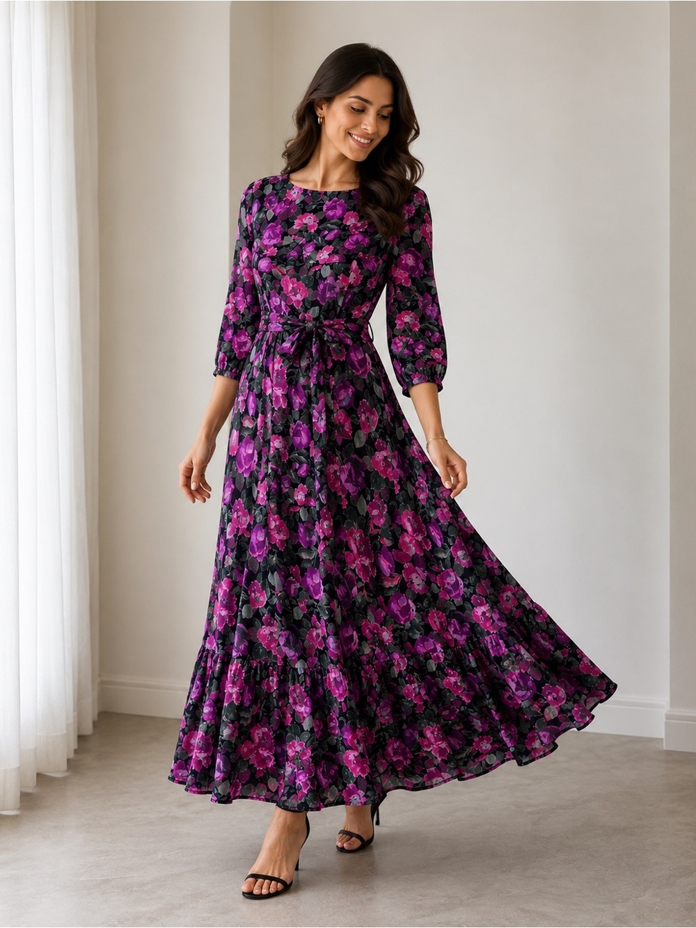 Carole Little Black Maxi Dress with Purple Floral Print and Tie Waist